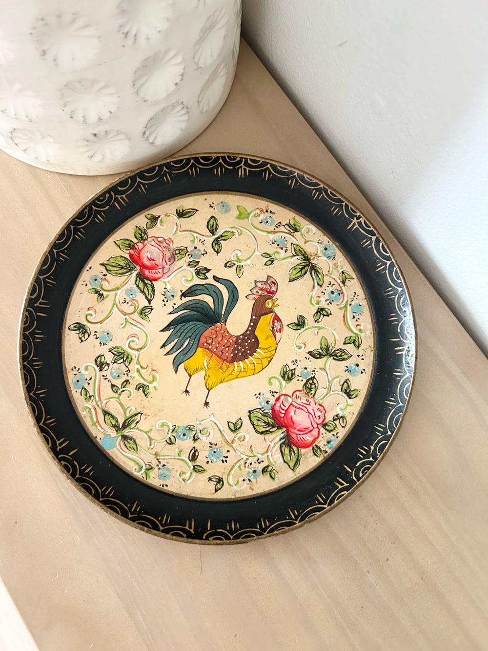 Vintage ISCO Japan Hand Painted Rooster Paper Mache Wall Plate Folk Art Floral